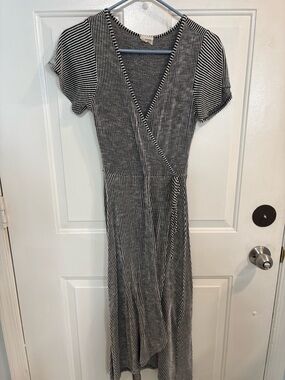 Caution To The Wind Black and White Striped Midi Wrap Dress